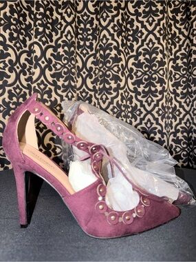 Ashley Stewart Plum Suede T-Strap Stiletto Pumps